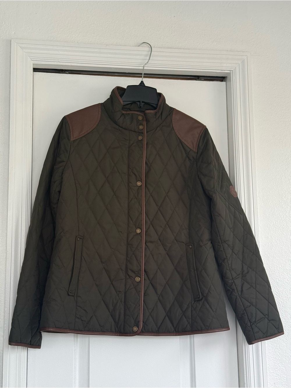 Lauren Ralph Lauren Olive Quilted Jacket with Brown Trim